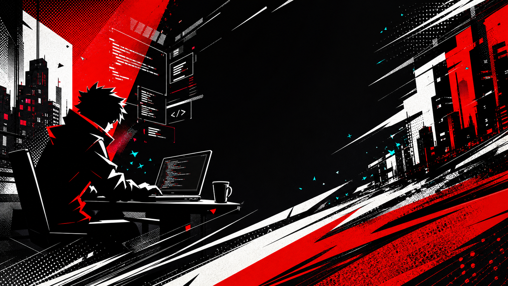 Grafische comic-noir illustratie van een developer in een rode en zwarte stad